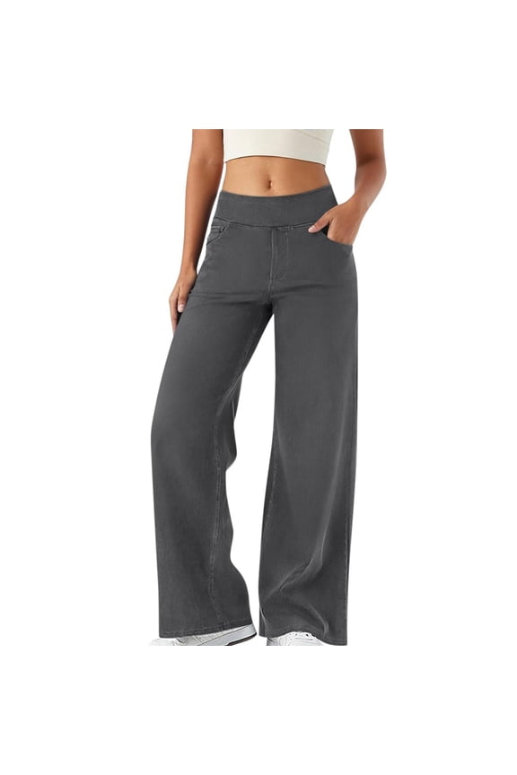 Wide Leg Jeans Woman High Waisted Pull On Baggy Jeans for Women Stretchy Trendy Womens Jean Straight Casual Denim Pants Dark Gray,Size for S