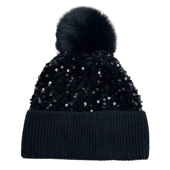 yocbz Women Girls Winter Sequin Beanie Hat with Faux Fur Pom Pom Knit Skull Cap Black