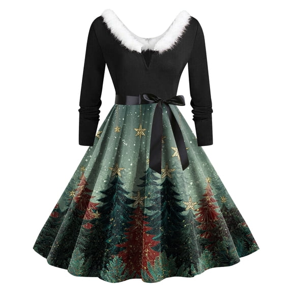 yocbz Womens Christmas Dresses Christmas Dresses for Women Crew Neck Long Sleeve Casual Swing Dress with Pockets Green,Size for S