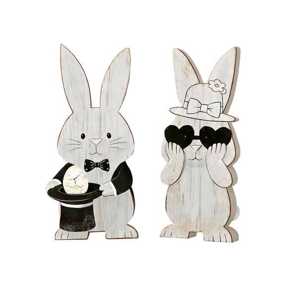 yocbz Wooden Easter Bunny Decorations Set of 2, Rustic Farmhouse Antique White Rabbit Shaped Tabletop Signs for Spring Easter Home Office Decor, J