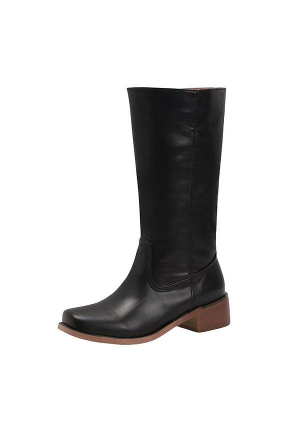 Work Boots Knee High Boots Women Square Toe Pull On Wide Calf Riding Fashion Buckles Casual Vintage Buckle Black,Size for US 7.5