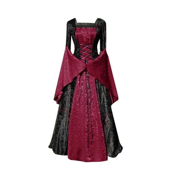 yoeyez 18Th Century Medieval Dress for Women Wedding Guest Vintage Trumpet Sleeve Velvet Dresses Lace Up Corset Dress Costumes Southern Belle Ball Gown Red,XL