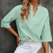 yoeyez 3/4 Sleeve Shirts for Women Clearance Button Down Tops Summer V-Neck Dressy T Shirts Solid Color Casual Blouses Trendy Pullovers Early Prime Deals Day 2024 Special Deals