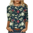 thumbnail image 1 of yoeyez 3/4 Sleeve Tops for Women Trendy Crewneck Loose Fit Shirts for Girls Plus Size Floral Printed T Shirts Summer Loose Fit Tunic Tops Navy 4XL, 1 of 5