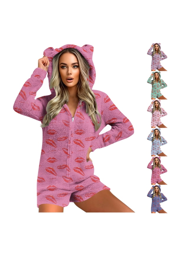 Adult Onesie Pajamas Womens Fleece Fuzzy Hooded Sleepwear Warm Sherpa Pj Jumpsuit Furry Pajamas Romper