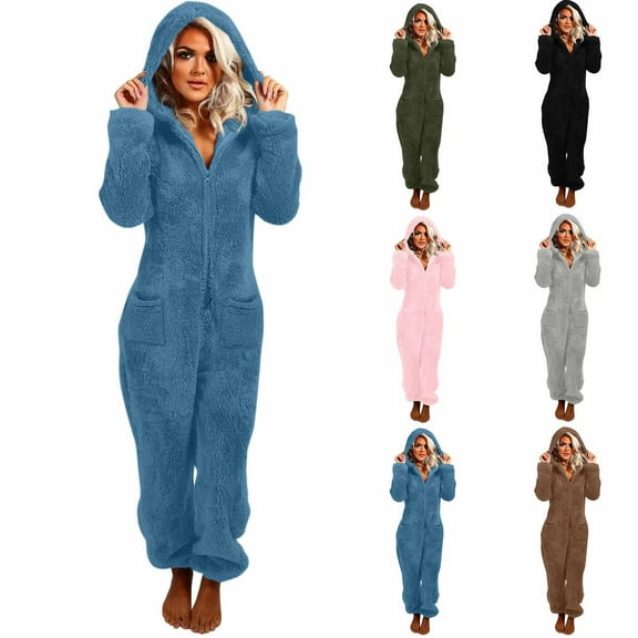 yoeyez Adult Onesie Pajamas for Women Furry Fleece PJs Flannel One Piece Jumpsuit Solid Color Half Zip Hooded Sleepwear Loungewear