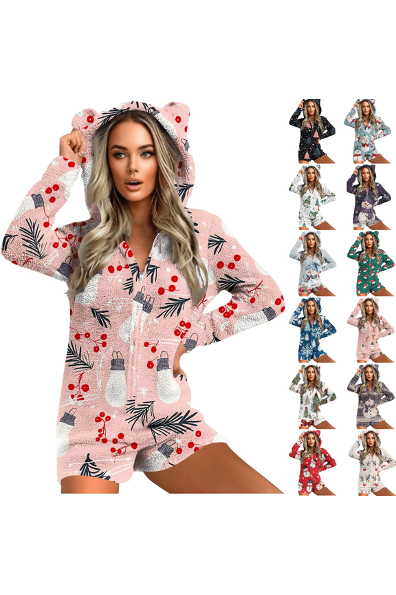 Adult Onesie Pjs for Women Cute Christmas Fleece Pajamas Short Jumpsuit Long Sleeve Hooded Sherpa Romper Sexy Santa Print Bodysuit