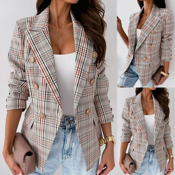 yoeyez Blazer Jackets for Women Business Casual Women Business Attire Plaid Printed Long Sleeve Button Slimming Cardigan Coat Top Chaquetas De Mujer