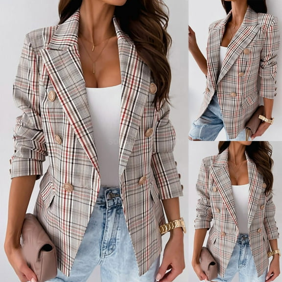 yoeyez Blazers for Women Casual 2024 Women Business Attire Plaid Printed Long Sleeve Button Slimming Cardigan Coat Top Chaqueta De Mujer