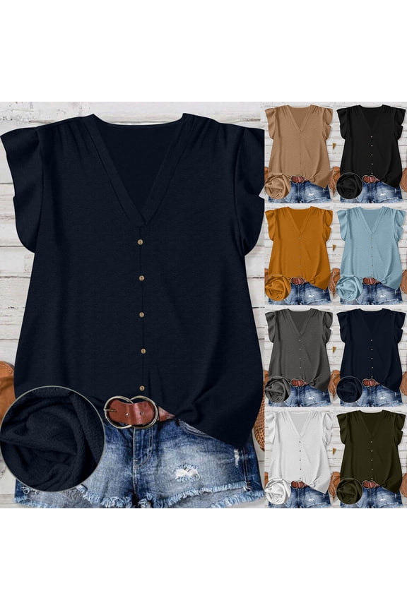 Boho Blouses for Women Solid Color Fly Sleeve Casual Shirts Dressy Buttons V Neck Tops Petite Comfy Lightweight Blouses Tees Army Green,S