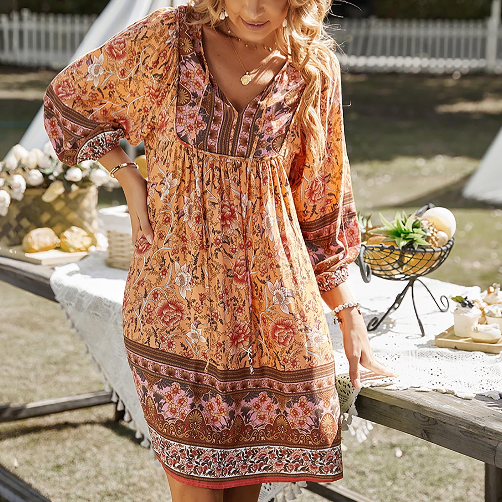 yoeyez Boho Dress for Women Casual Puff 3/4 Sleeve Vintage yoeyez Boho Dress for Women Casual Puff 3/4 Sleeve Vintage