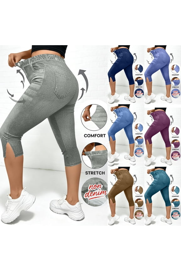 Butt Lifting Jean Capris for women Slit Side Casual Summer Faux Denim Capri capris Comfortable Stretchy Skinny Capri Jeans with Pockets Dark Blue,XXL
