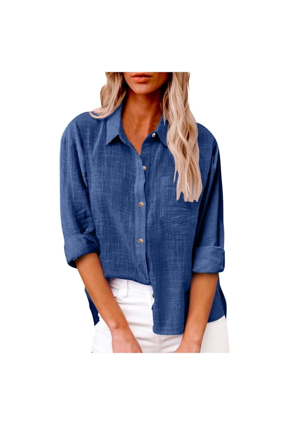 Button down Shirts for Women Plus Size Cotton Linen Collared Tops Long Sleeve Gauze Blouses 2025 Summer Casual Work Clothing Dark Blue,XL