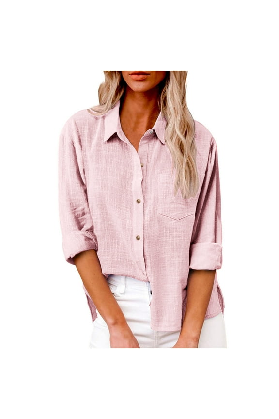 Women Cotton Linen Summer Tops Button Down Laple Causal Shirts Dressy Long Sleeve Gauze Blouses Trendy Boho Clothes 2025 Pink M
