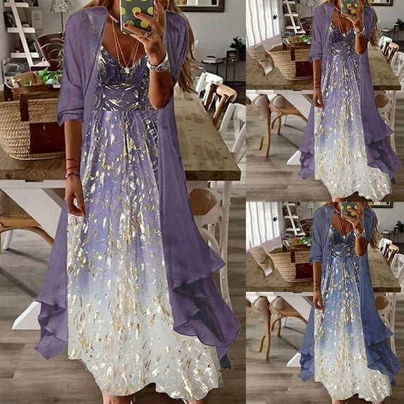 yoeyez Cardigan Two Set Summer Dresses for Women Plus Size Floral Dresses for Wedding Guest Casual Dressy Formal Sun Dress Chiffon Flowy Summer Sets for Women Blue,3XL