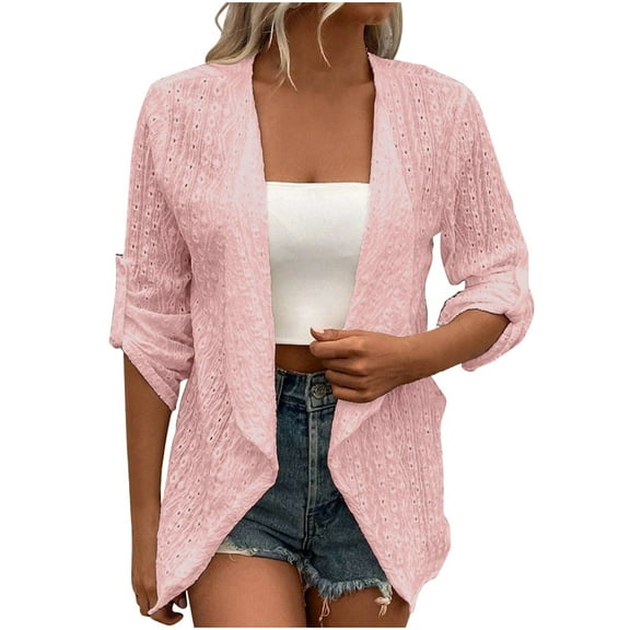 yoeyez Cardigans for Women Trendy Women's Solid Color Lightweight Cardigan 3/4 Sleeve Open Front Cover Up Hollow Out Soft Shrugs Sweater Pink,2XL