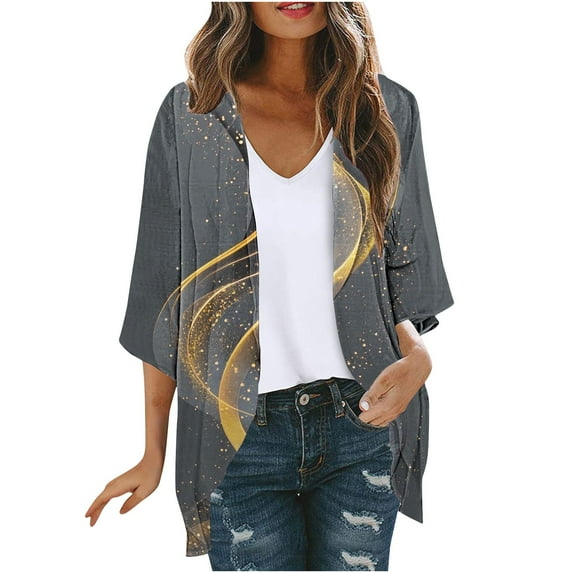 yoeyez Cardigans for Women Trendy,Womens Floral Chiffon Open Front Kimono Cardigan 3/4 Length Sleeve Womens Tops Casual Beach Cover Up Multicolor,L