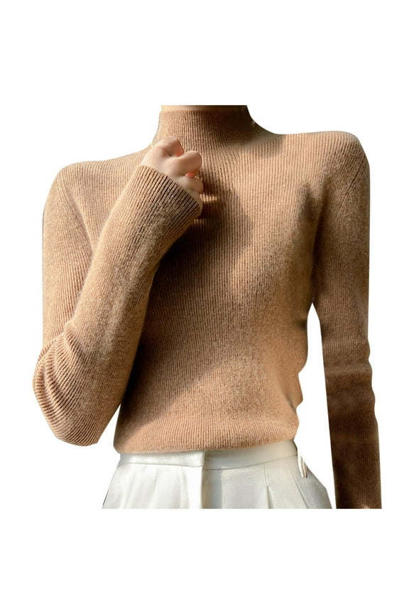 Fall Sweaters for Women Turtleneck Long Sleeve Jumper Tops Wool Knitted Thermal Base Layer Sweater Shirts Casual Basic Clothes Gold L