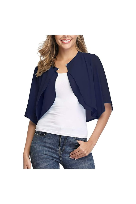 Chiffon Capelet,Women's Solid Color Soft Shawls And Wraps Short Sleeve Open Front Bolero Cardigan for for Evening Wedding Blue,XL