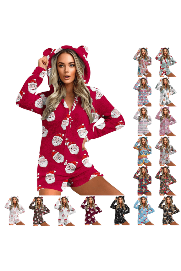 Christmas Onesie Pjs Womens Cute Ear Hooded Fleece Pajamas Outfit Adult One-piece Pajama Zipper Short Rompers Bodysuit Sleepwear