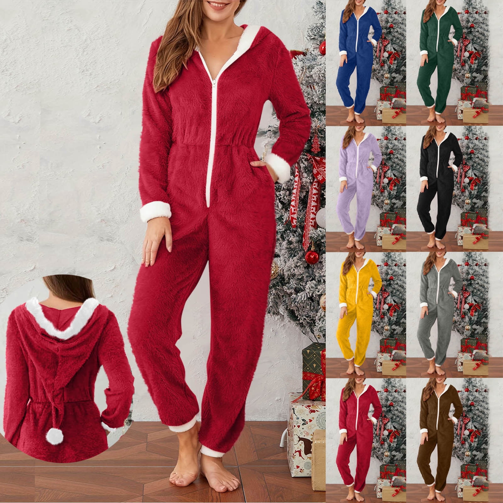 yoeyez Christmas Onesie Womens Slim Santa Hooded Pajamas Outfit Adult One-piece Pajamas Fleece Front Zipper Rompers