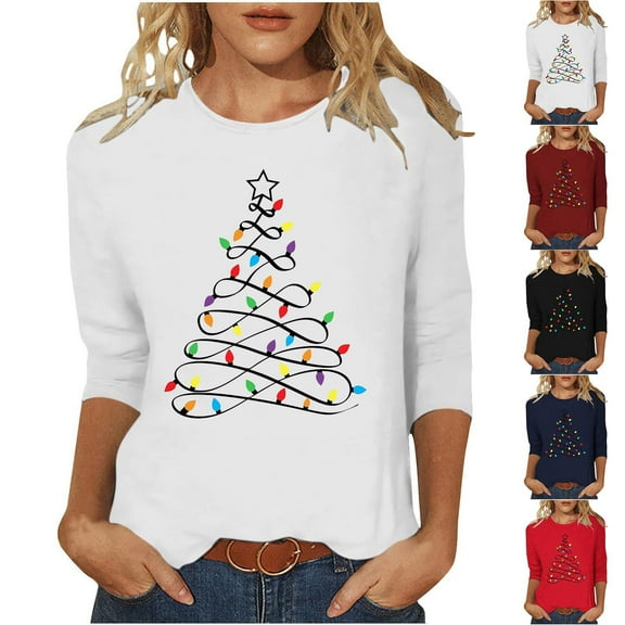 yoeyez Christmas Shirt Women Dressy 3/4 Length Sleeve Tops Xmas Tree Printed T-Shirts Funny Crewneck Graphic Holiday Tops Pullover