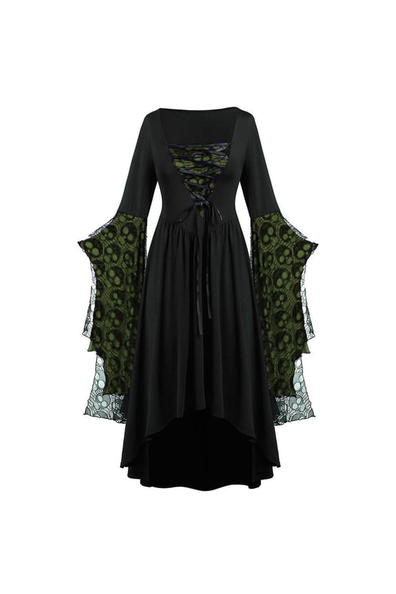 Costumes Woman 2025 Plus Size Skull Lace Gothic Dress Flared Sleeve Bandage Retro Swing Dress Wedding Guest Costumes Army Green,M