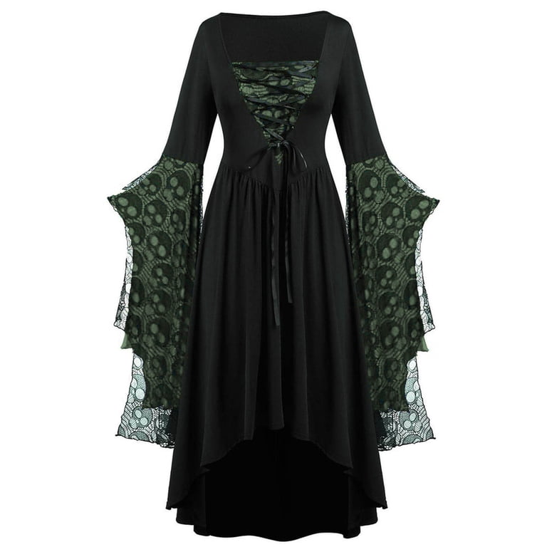 yoeyez Costumes Woman 2025 Plus Size Skull Lace Gothic Dress Flared Sleeve Bandage Retro Swing Dress Wedding Guest Costumes Army Green,S
