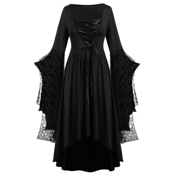 yoeyez Costumes Woman 2025 Plus Size Skull Lace Gothic Dress Flared Sleeve Bandage Retro Swing Dress Wedding Guest Costumes Black,L