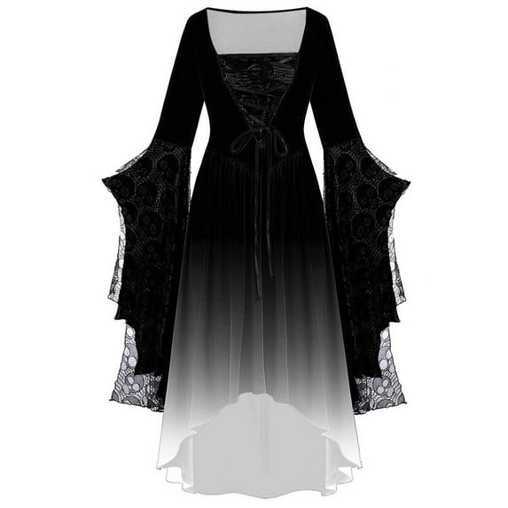 yoeyez Costumes Woman 2025 Plus Size Skull Lace Gothic Dress Flared Sleeve Bandage Retro Swing Dress Wedding Guest Costumes Black,XL