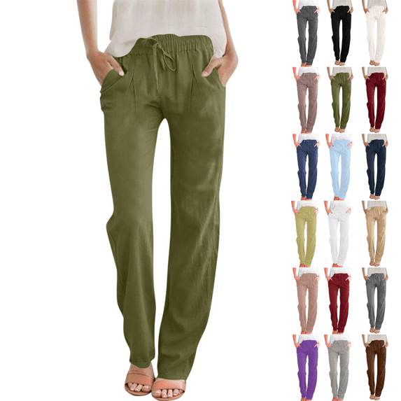 yoeyez Cotton Linen Pants Womens Comfy Straight Leg Pants Drawstring Waist Casual Pants Summer Lounge Trousers with Pocket White,XL