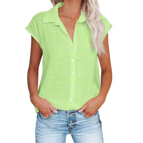 yoeyez Cotton Linen Short Sleeve Tops for Women V Neck Solid Color Cute Tunic Tops Loose Fit Button Down Lapel Solid Color Tees on Sale Mint Green 5XL
