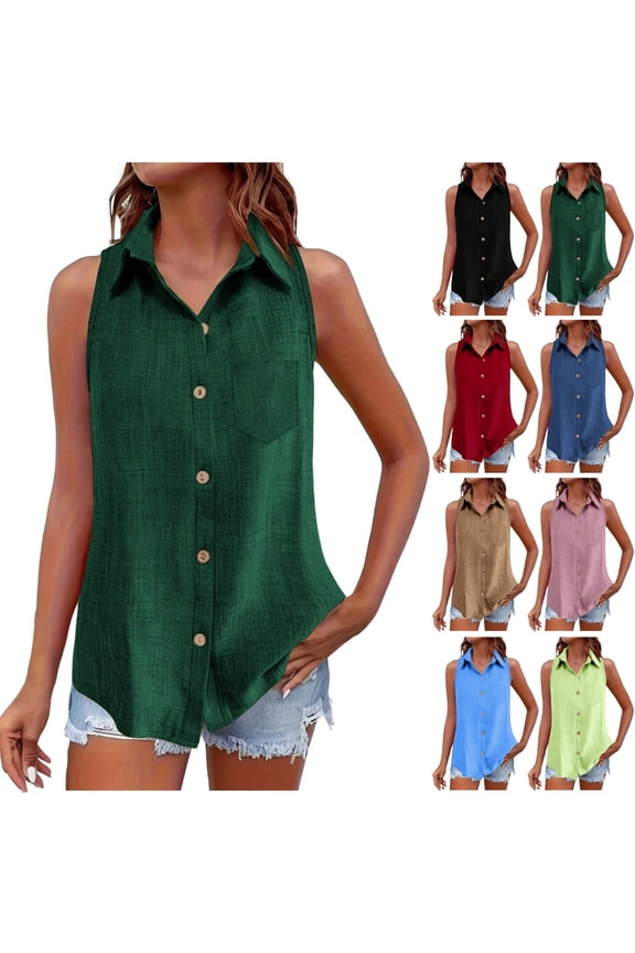 Cotton Linen Tank Shirts for Women Sleeveless Laple Collared Tops Solid Color Button Up Blouses Work Shirts Casual Summer Tshirt Red,L
