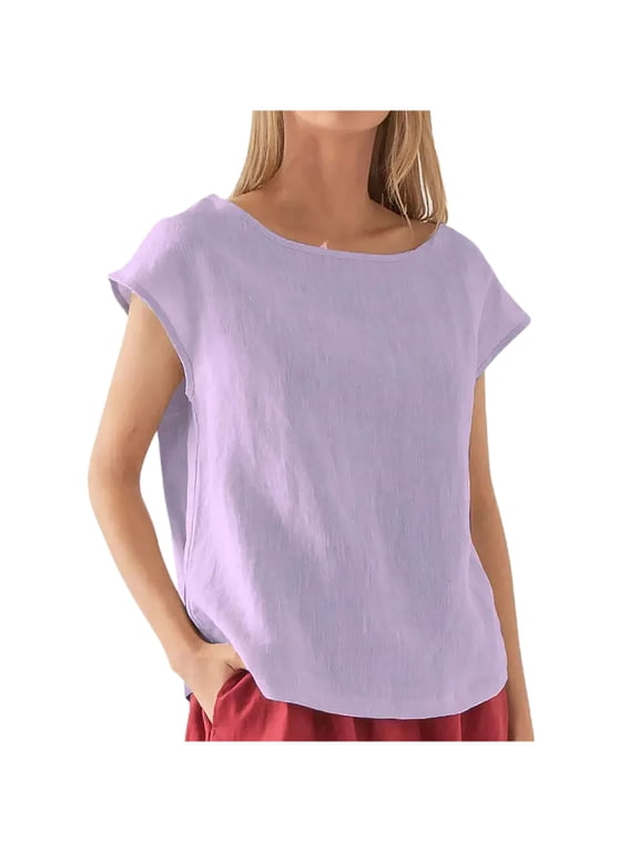 Cotton Linen Top for Women,Cropped Short Sleeves Blouse Comfy Round Neck Women's Fashion T-Shirts Loose Fit Casual Solid Tee Purple 2XL