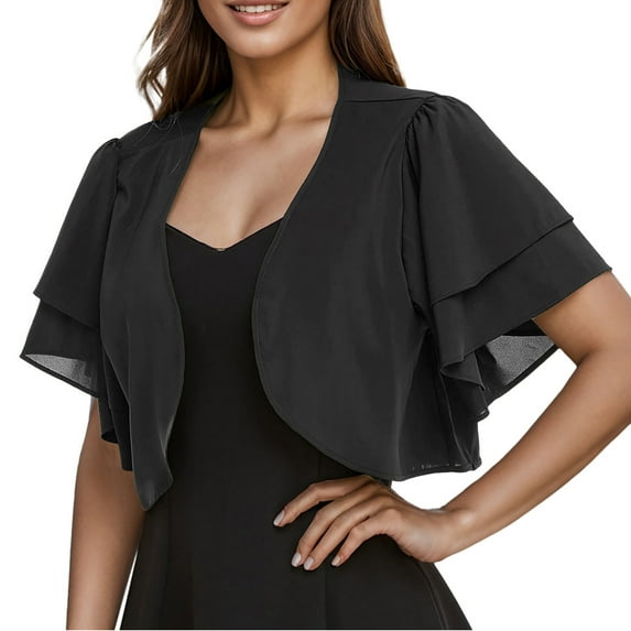 yoeyez Cropped Cardigan for Women Summer Ladies Solid Color Chiffon Bolero Shrug Short Sleeve Cardigans for Evening Dress Beach Cover Up Black,M