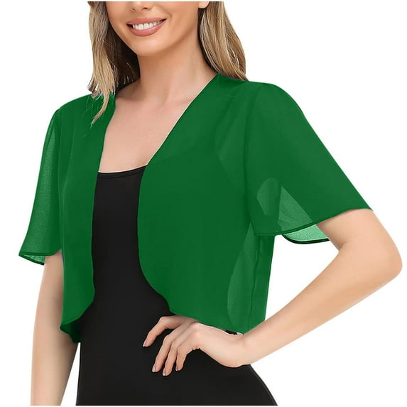 yoeyez Cropped Cardigan for Women Summer Ladies Solid Color Chiffon Bolero Shrug Short Sleeve Cardigans for Evening Dress Beach Cover Up Green,M