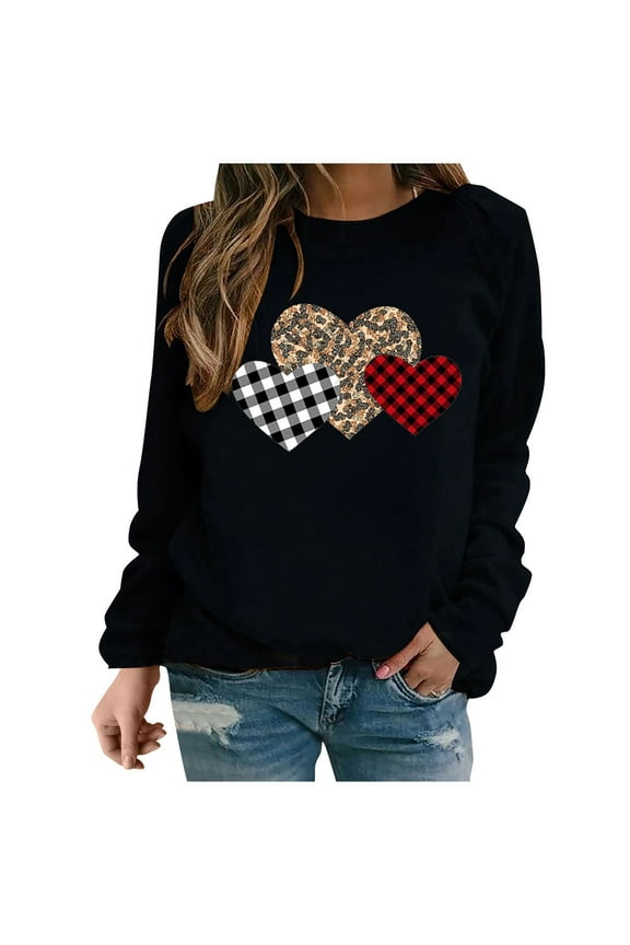 Cute Sweatshirts for Women Heart Print Sweater Tops Long Sleeve O Neck Sweatshirt Oversized Valentine'S Day Loose Fit Pullover Top for Teen Girls Black XL
