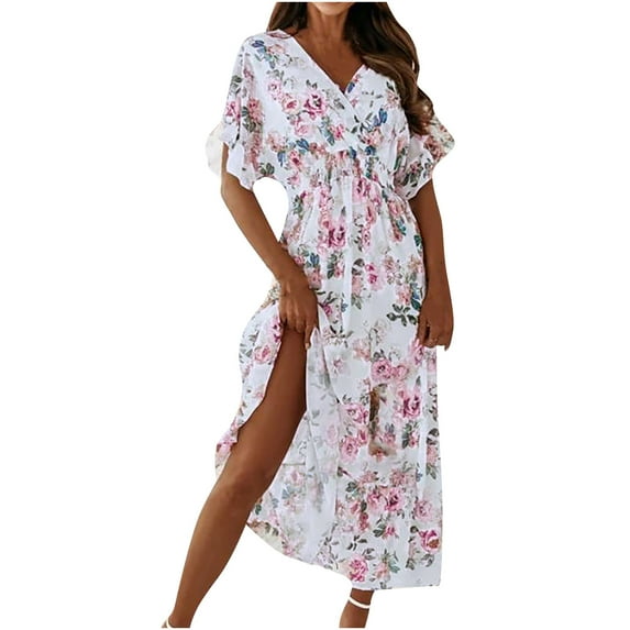 yoeyez Dresses for Women 2025 Ankle Length Womens Summer Dress 2025 Trendy Short Sleeve Beach Dresses With Flowers V-Neck Sexy Bodycon Tunic Dress