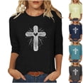 thumbnail image 1 of yoeyez Easter Day Women Dressy 3/4 Sleeve Christian Tops Crewneck Jesus Cross Printed Tunic Shirts Casual Basic Tee Religious Blouses Beige,XXXL, 1 of 6