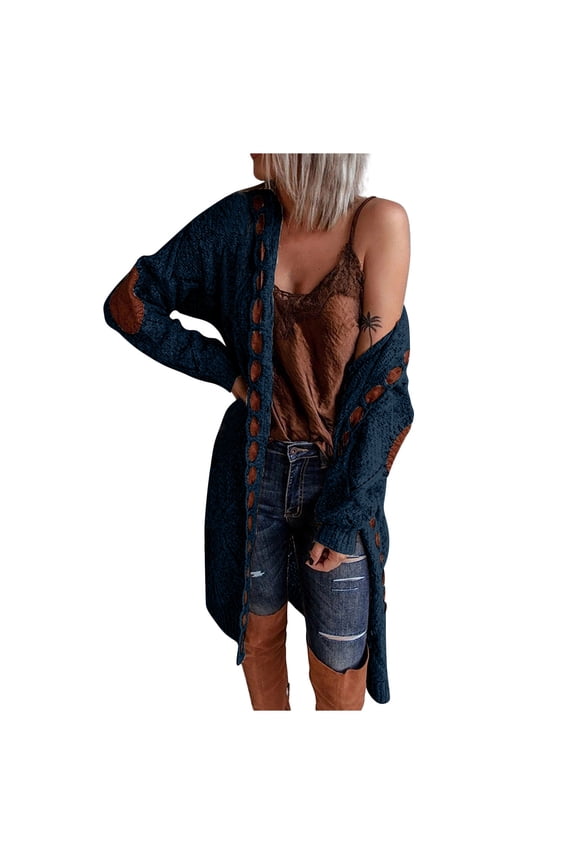 Fall Cardigan Sweaters for Women 2024 Elbow Patches Knitted Chunky Long Sweater Fashion Patchwork Open Front Coat