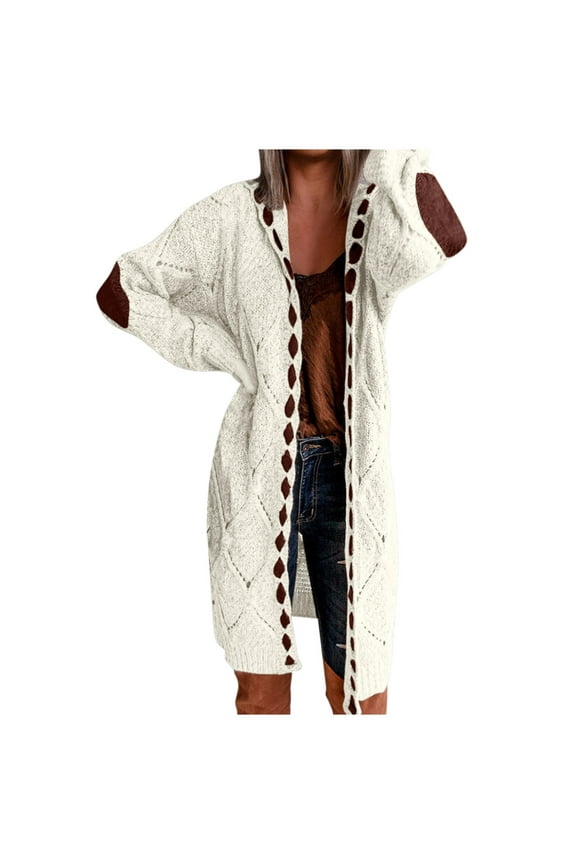 Fall Cardigan Sweaters for Women 2025 Elbow Patches Knitted Chunky Long Sweater Fashion Patchwork Open Front Coat