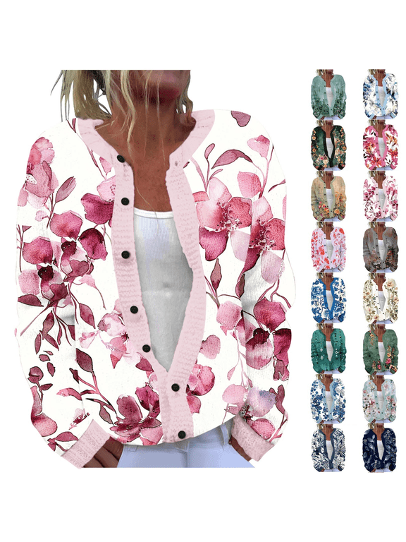 Fall Cardigans for Women Vintage Floral Print Sweater Long Sleeve Knit Sweater Cardigans Button Down Retro Graphic Coats Multicolor,L