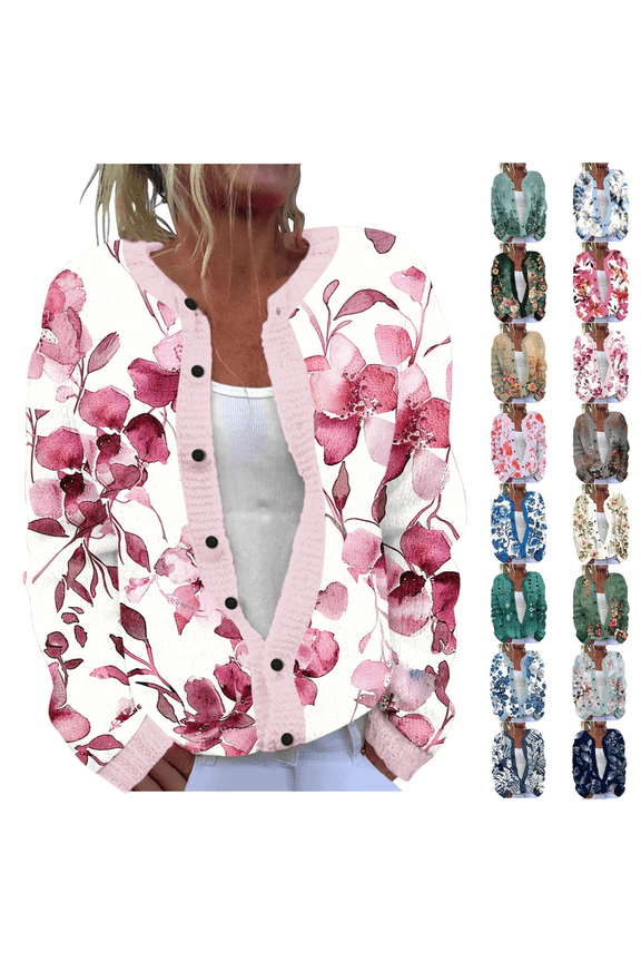 Fall Cardigans for Women Vintage Floral Print Sweater Long Sleeve Knit Sweater Cardigans Button Down Retro Graphic Coats Multicolor,S