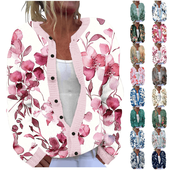 yoeyez Fall Cardigans for Women Vintage Floral Print Sweater Long Sleeve Knit Sweater Cardigans Button Down Retro Graphic Coats Multicolor,XL