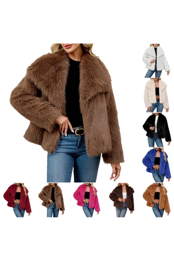 Faux Fur Coat Jacket Women Cropped Winter Outerwear Long Sleeve Open Front Fluffy Jackets Short Shaggy Coats Brown,L