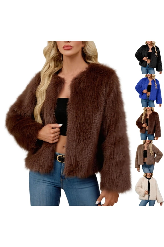 Faux Fur Coat Women Cropped Long Sleeve Fluffy Cropped Jackets Pockets Shaggy Warm Winter Coats Outerwear Black,L