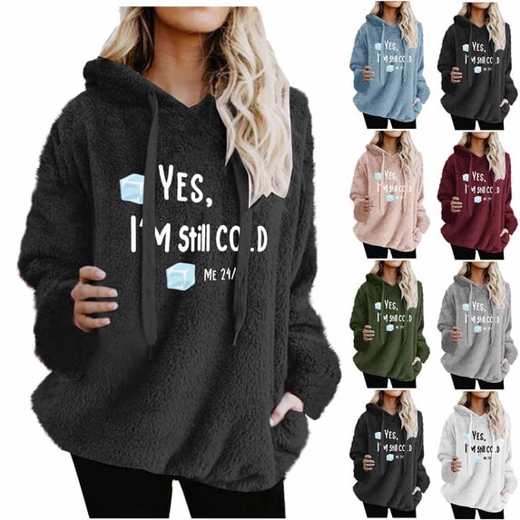 yoeyez Fleece Hoodie Women Letter Graphic Sherpa Hooded sweatshirts Fall Winter Warm Soft Fuzzy Pullover Tops with Pockets Army Green,M