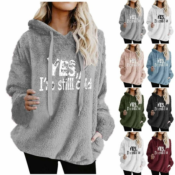 yoeyez Fleece Hoodie Women Letter Graphic Sherpa Hooded sweatshirts Fall Winter Warm Soft Fuzzy Pullover Tops with Pockets Black,XL