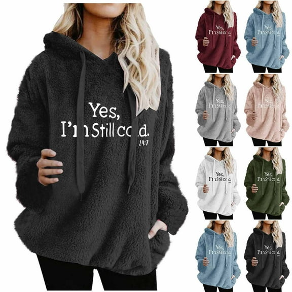 yoeyez Fleece Hoodie Women Letter Graphic Sherpa Hooded sweatshirts Fall Winter Warm Soft Fuzzy Pullover Tops with Pockets Pink,M