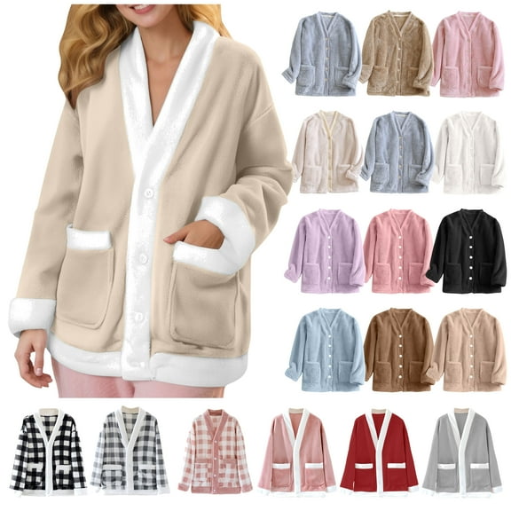 yoeyez Fleece Pajama Women Cozy Fleece Warm Sleepwear Buttons Down Cardigan Jackets Winter Sherpa Coat Loungewear with Pockets Coffee,M